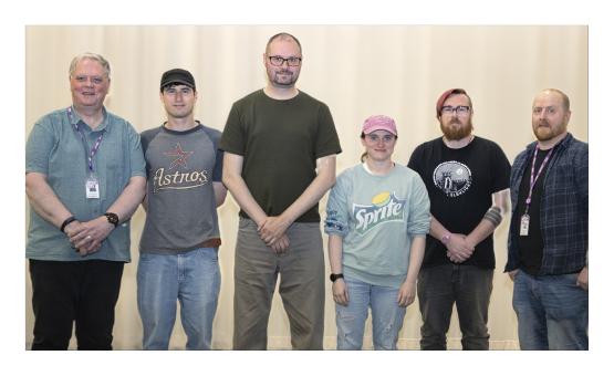 Course Leader Jim Hunter, students Douglas Rorrison, Ev Buckley, Roisin Brennan and Martin Philips and Broadcast Technician Andy Thornton.  Student Freddy Lancaster
